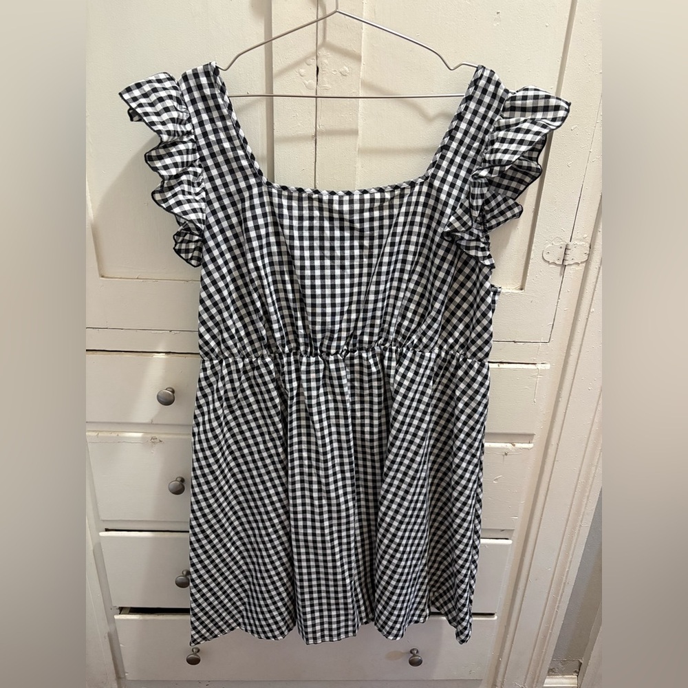 NWT SHEIN Curve 4XL Black & White Gingham Flutter Sleeve Cotton Blend Dress
